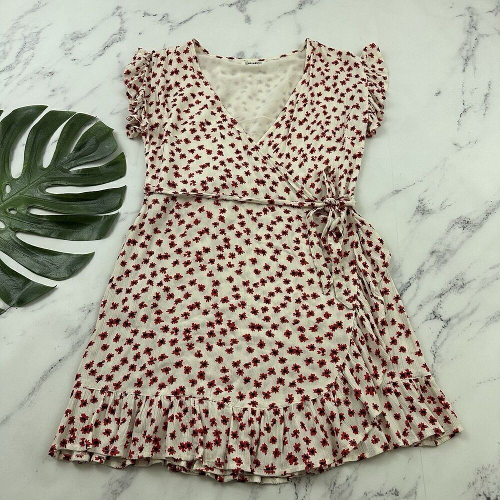Billabong Womens Mini Wrap Dress Size L Cream Red Floral Ruffle Trim Flutter
